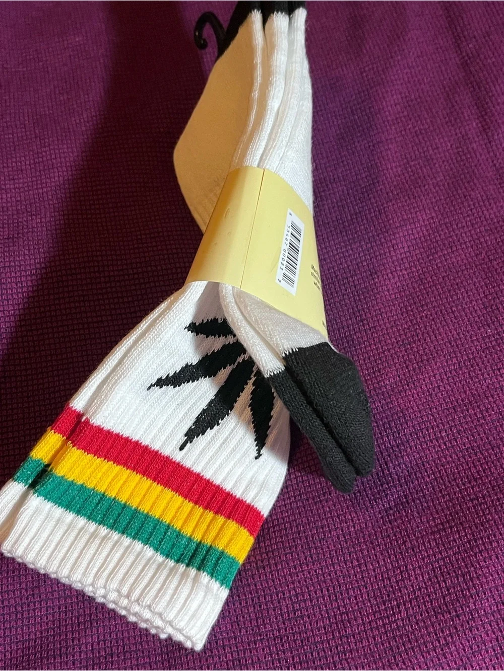 White Crew Socks with Black Leaf and Rasta Stripe